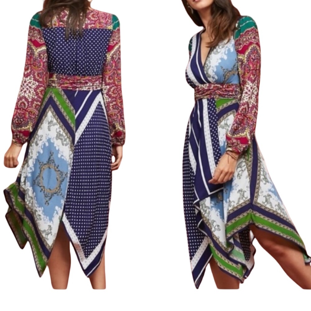 Anthropologie Asymmetrical Longsleeve Whimsical Bold Multi Print & Color Dress